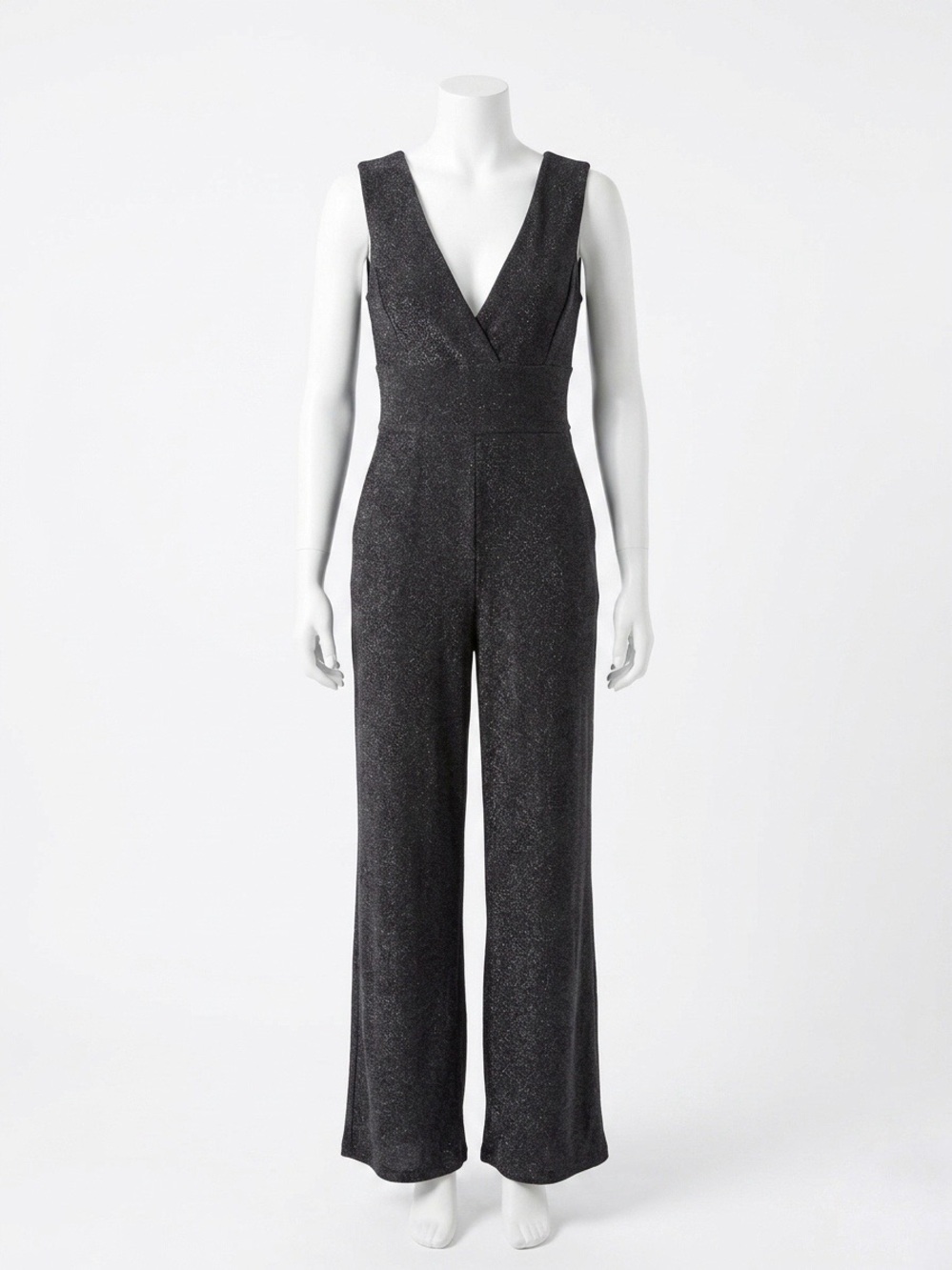 NWT BCBG Black Metallic Shimmer Sparkle V-Neck Wide-Leg Jumpsuit Size Small